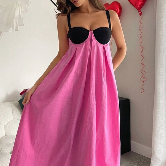 Multicolor Casual Women's Contrast Color Pleated Loose Maxi Slip Dress - Picture 4 of 6